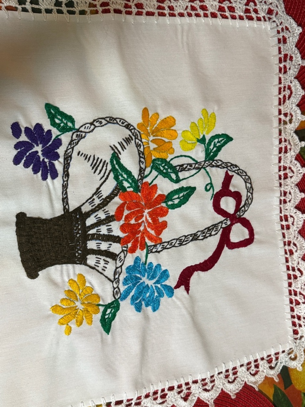 Embroidered Floral Basket Linen Doily - Multicolor